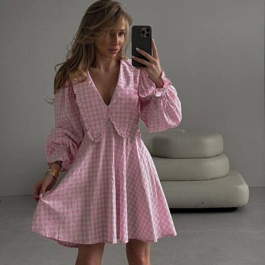 Office Design A line Dress Pink Plaid Butterfly Collar Long Sleeve Dress