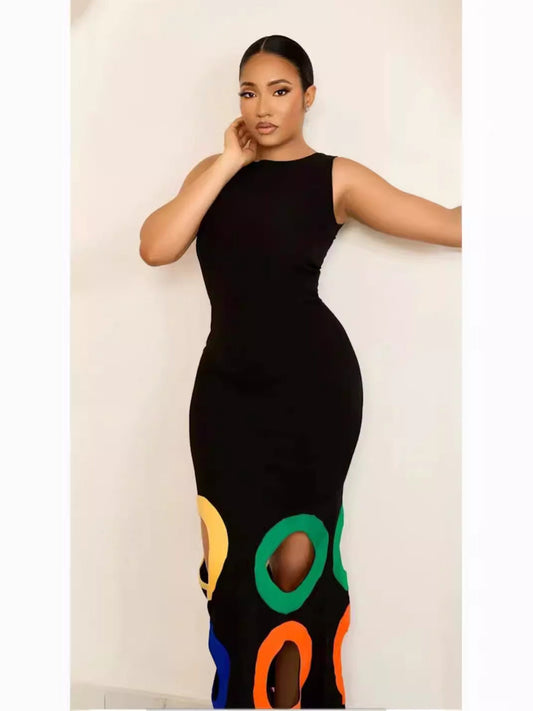 round Neck Sleeveless Color Matching Hollow Out Cutout out Embroidered A line Maxi Dress