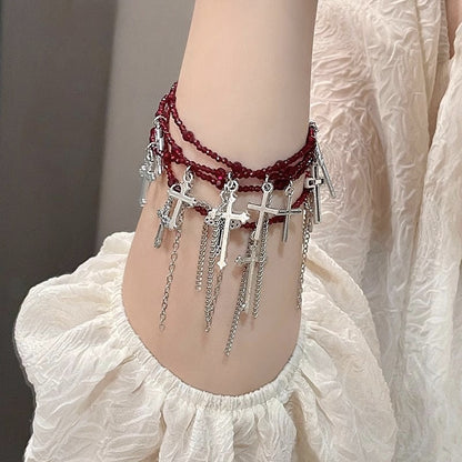 Japanese Dark Cross Layered Tassel Red Beaded Punk Choker Necklace