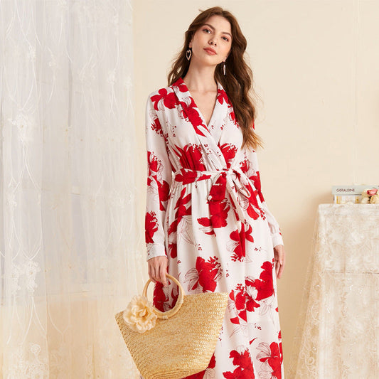 Printed V neck Long Sleeve Dress Long Sweet Dress