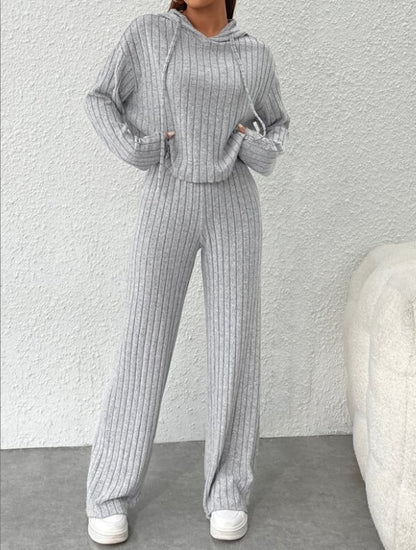 Spring Autumn New Casual Knitted Striped Foreign Trade Hooded Sweatshirt Loose Long Sleeve Long Pants Set Suit