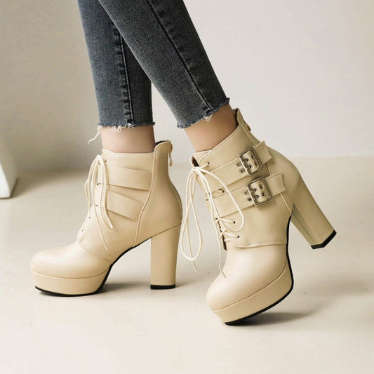 Women Chunky High Heel Short Martin Boots 2024 Autumn Winter Size 32-48 Shoes