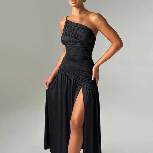 Sling Shoulder Pleated Split A Line Dress Slim Fit Maxi