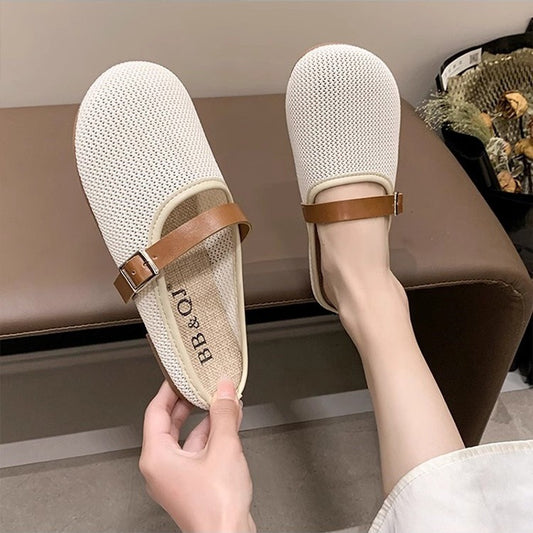 French Buckle Shoes Women 2024 New Borken Slide Buckle Packable Half Slippers Slip-On Breathable Trendy Shoes