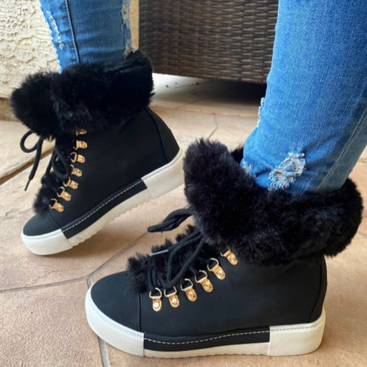 Winter Short Long Fur Leather Snow Boots Women Plus Size Furry Thick Martin Cotton Shoes