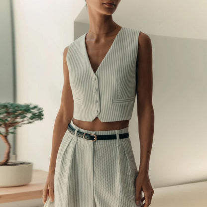 2024 Spring Summer Women’s Striped Sleeveless Vest V-Neck Single-Breasted + Straight Leg Suit Pants Set Suit