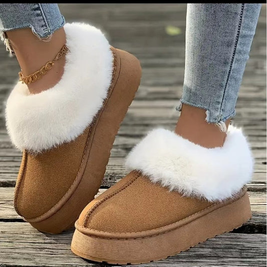 Furry Slippers Women Outdoor Sheepskin Closed Toe Snow Boots 2024 New Slip-On Warm Plus Size Shoes