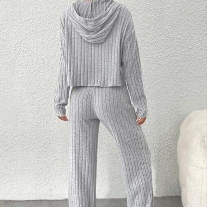 Spring Autumn New Casual Knitted Striped Foreign Trade Hooded Sweatshirt Loose Long Sleeve Long Pants Set Suit