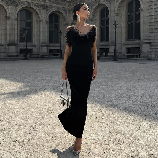 Tube Top Dress V-neck Woolen Fishtail Swing Dress