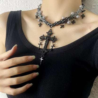 Gothic Sweet Punk Cross Tassel Pearl Hip-hop Necklace