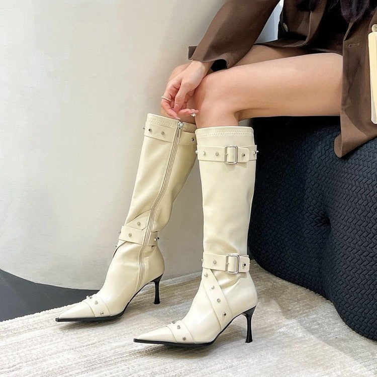 Western Cowboy Women 2024 Autumn New Trendy Pointed Stud High Heel Fashion Shoes