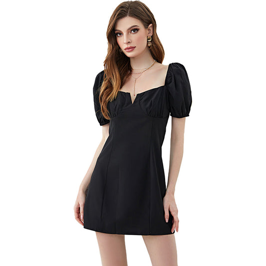 Solid Color Square Collar Puff Sleeve Dress