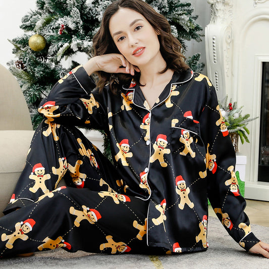 Christmas Set Pajamas Women Spring Color Satin Faux Silk Long Sleeve Loose Homewear Set Foreign Trade Suit