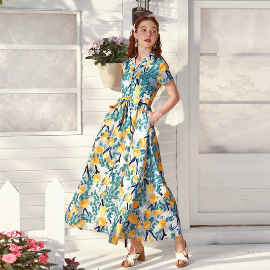 Printed V neck Short Sleeve Belt Maxi Dress Long Sweet Dress