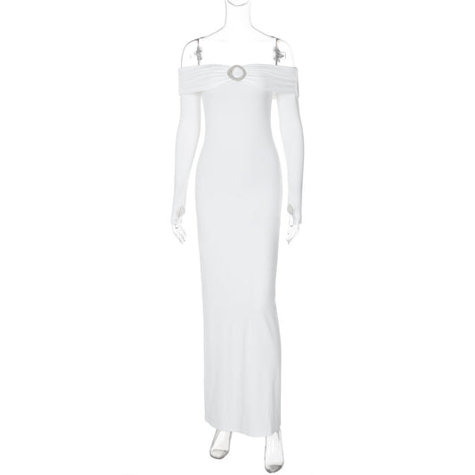 Tube Top Off Neck Back Slit Solid Color Mid Length Dress
