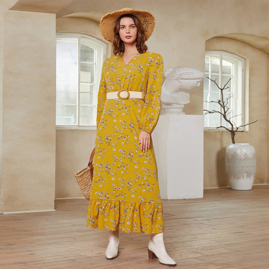 Year V neck Regular Sleeve Long Sleeve Printed Maxi Dress