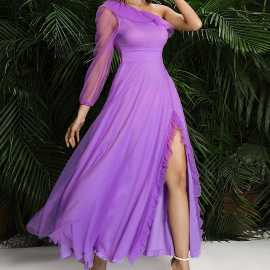 Maxi Dress Large Slant Shoulder High Slit Cocktail Elegant Senior Evening Dress