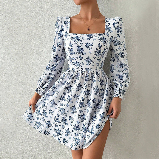 French Square Collar Elegant Dress  High Waist Backless Lace up Floral