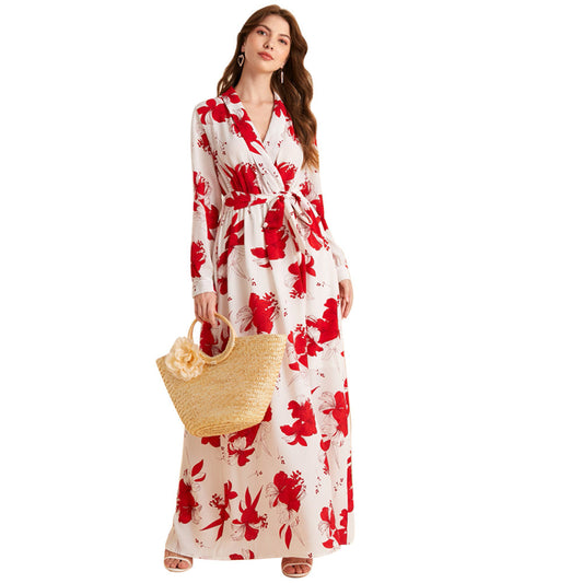 Printed V neck Long Sleeve Dress Long Sweet Dress