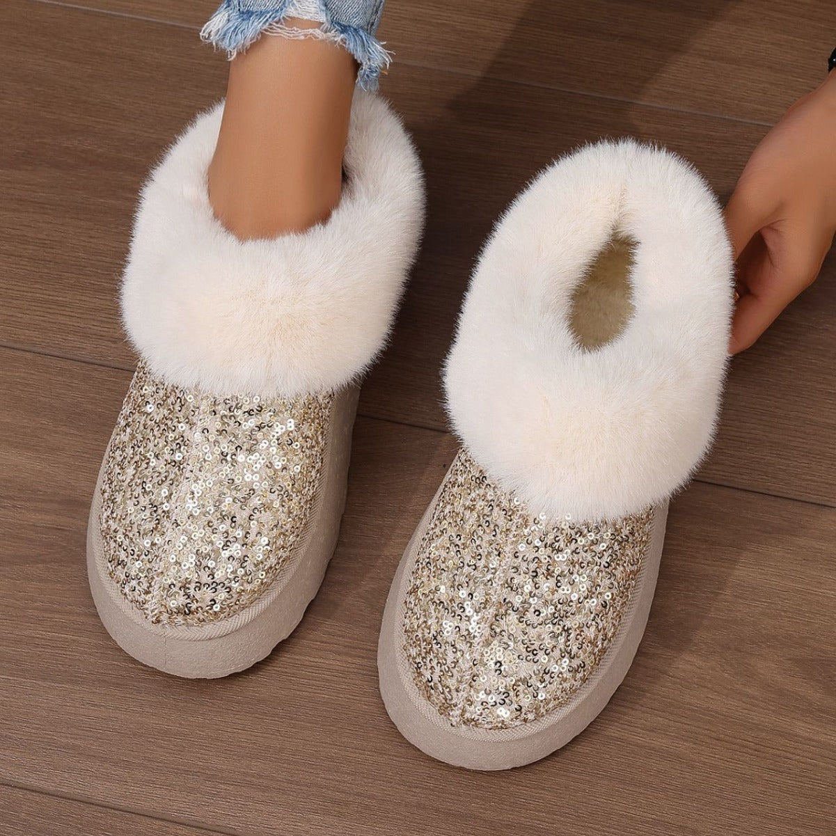 2024 Autumn Winter Plus Size Thick Sole Fur Women Snow Boots Sequin Surface Style Shoes