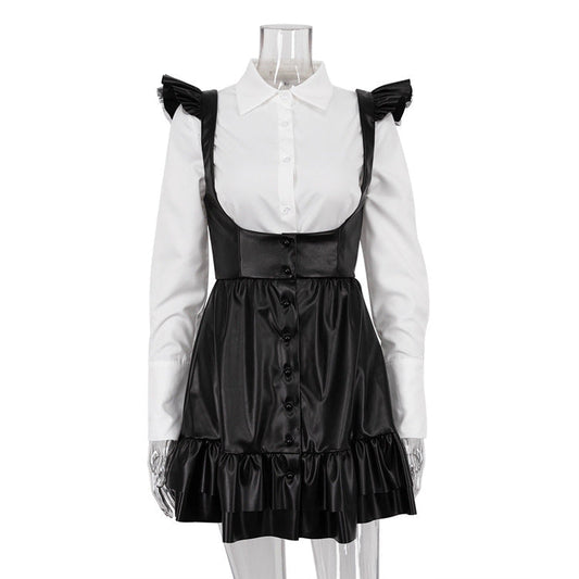 Black White Contrast Color Preppy Suit Long Sleeve Shirt Slip Dress Two Piece Set