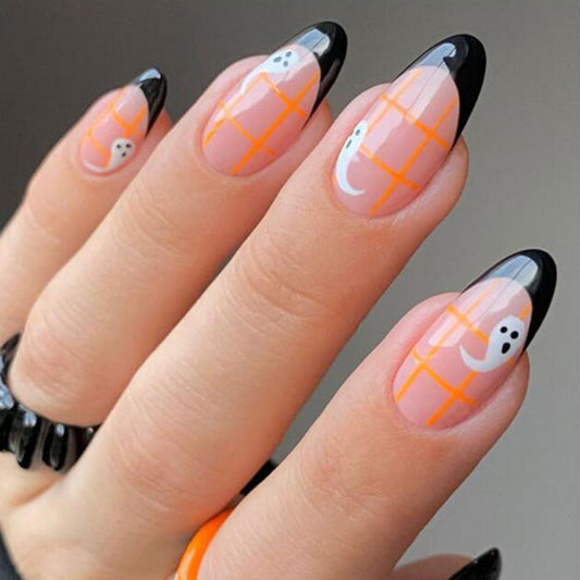 Halloween Black French Almond Ghost Plaid Atmosphere Press on Nail