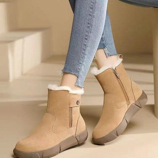 Women Snow Boots Sheepskin 2024 Winter New Vintage Suede Flat Thick Sole Warm Short Shoes