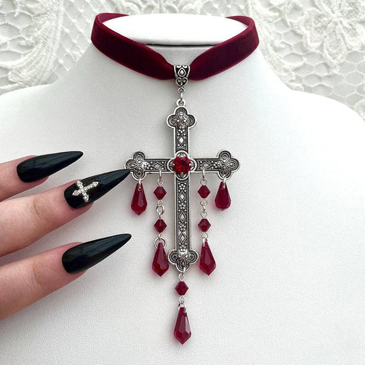 Gothic Cross Blood Drop Tassel Red Velvet Unique Necklace