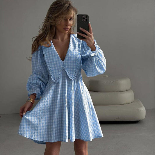 Office Design A line Dress Pink Plaid Butterfly Collar Long Sleeve Dress