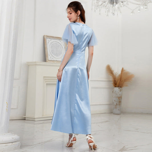 Satin Satin Satin V Neck Mesh Stitching Sleeves A Dress