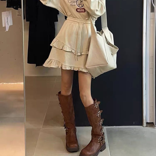 Brown Western Cowboy Women Over-the-Knee Long Boots Metal Buckle Chunky Thick Sole Knight Shoes