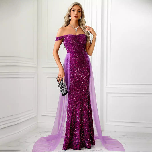 Off Neck Backless Drop Shoulder Dress Mop Mesh Decoration Maxi Dress