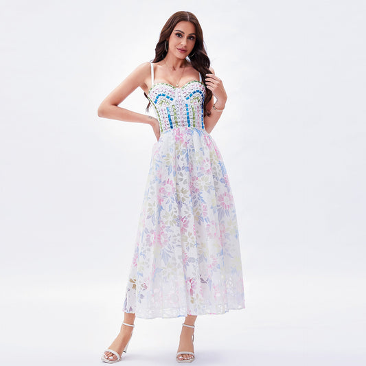 French Romantic Holiday Beaded Strap Tube Top Dress Three Dimensional Floral Fairy Boning Corset Waist Tight Princess Sling Dress