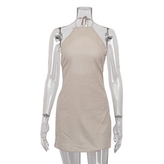 Cotton Linen Dress Backless Halter Lace up A line Dress