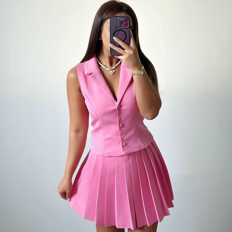 In-Stock Set Women 2024 Summer Suit Blazer Pleated Skirt Short Skirt Fashion Casual Two-Piece Suit