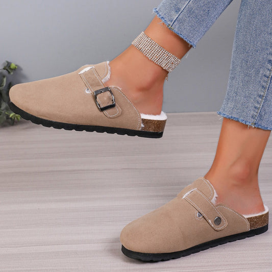 Sankei Same Style Leather Buckle Thick Sole Fluffy Slippers Women Outdoor Buckle Cork Slip-On Half Slippers Shoes