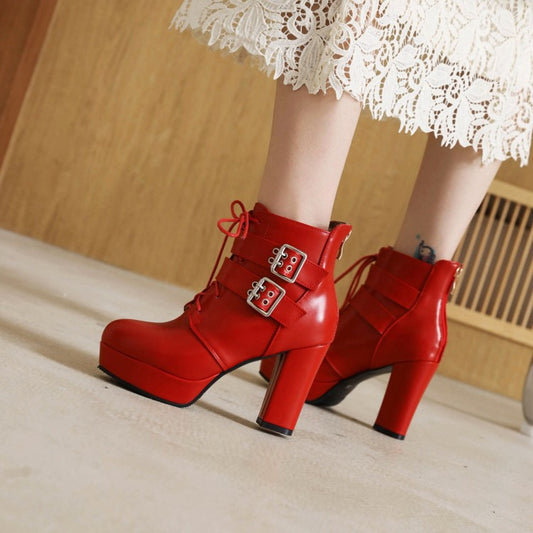 Women Chunky High Heel Short Martin Boots 2024 Autumn Winter Size 32-48 Shoes