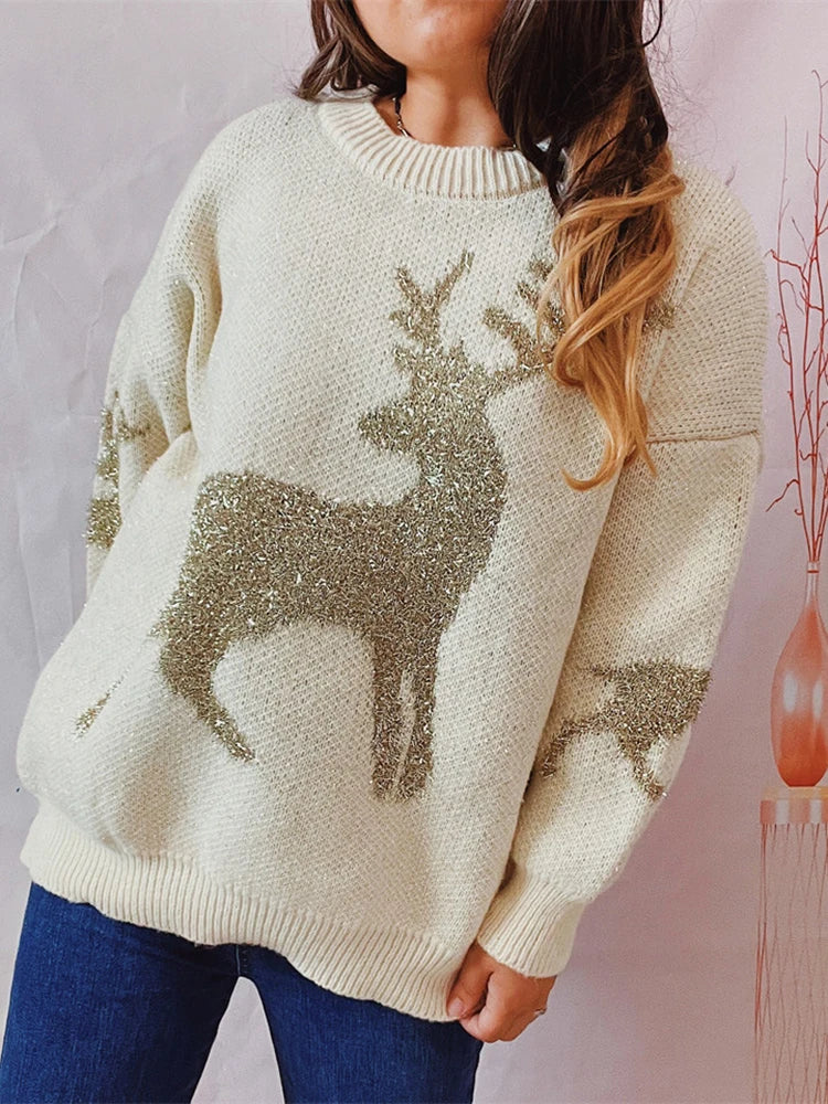 Chic O-Neck Long Sleeve Knitted Christmas Sweater Sweaters-L