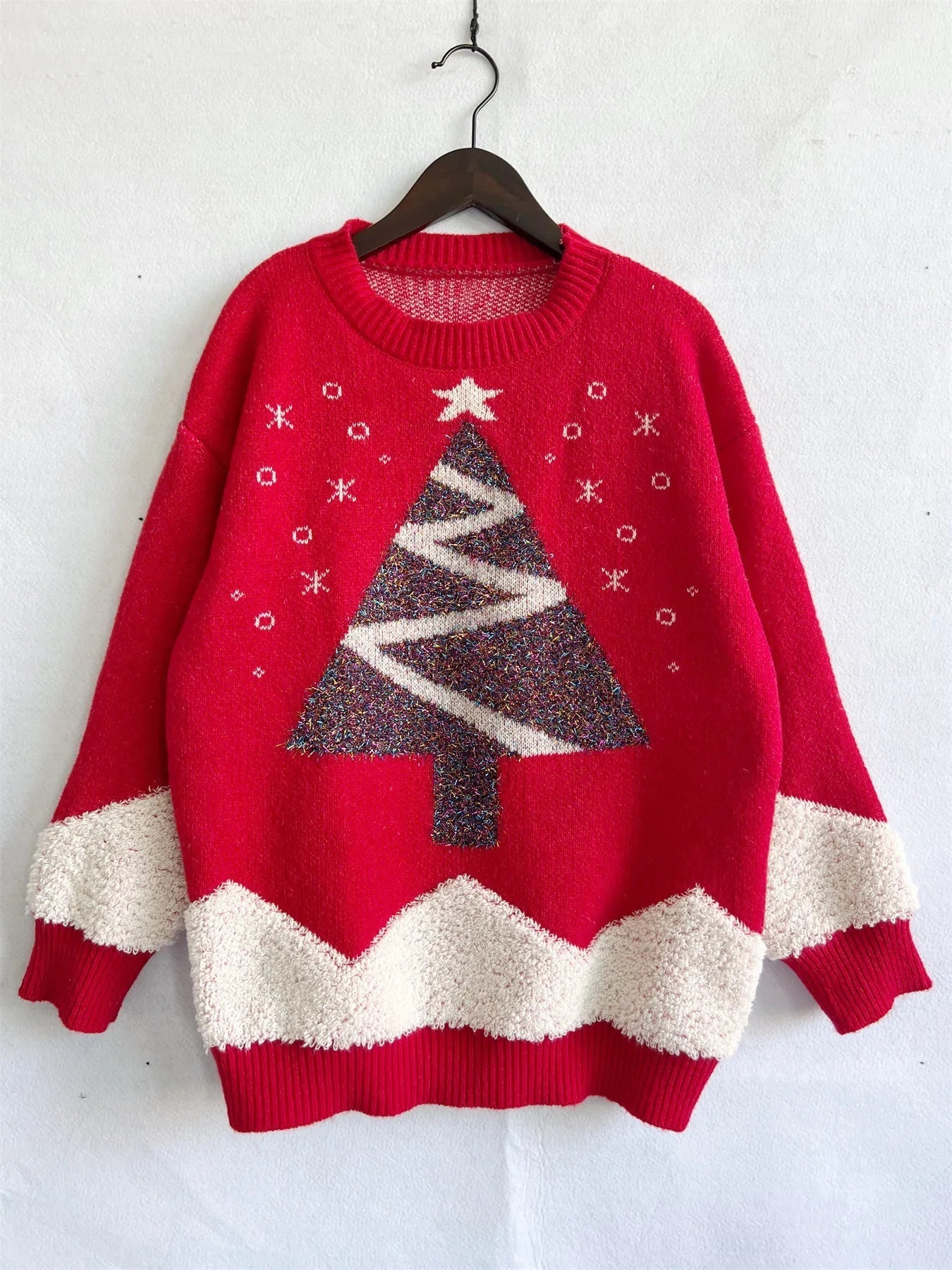 Gold Thread Flocked Round Neck Long Sleeved Loose Knit Pullover Christmas Sweater Sweaters-L