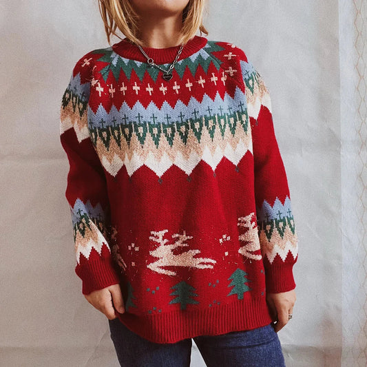 Thicken Raglan Sleeves Elk Christmas Tree Gold Pullover New Year Sweater Red / S Sweaters-L