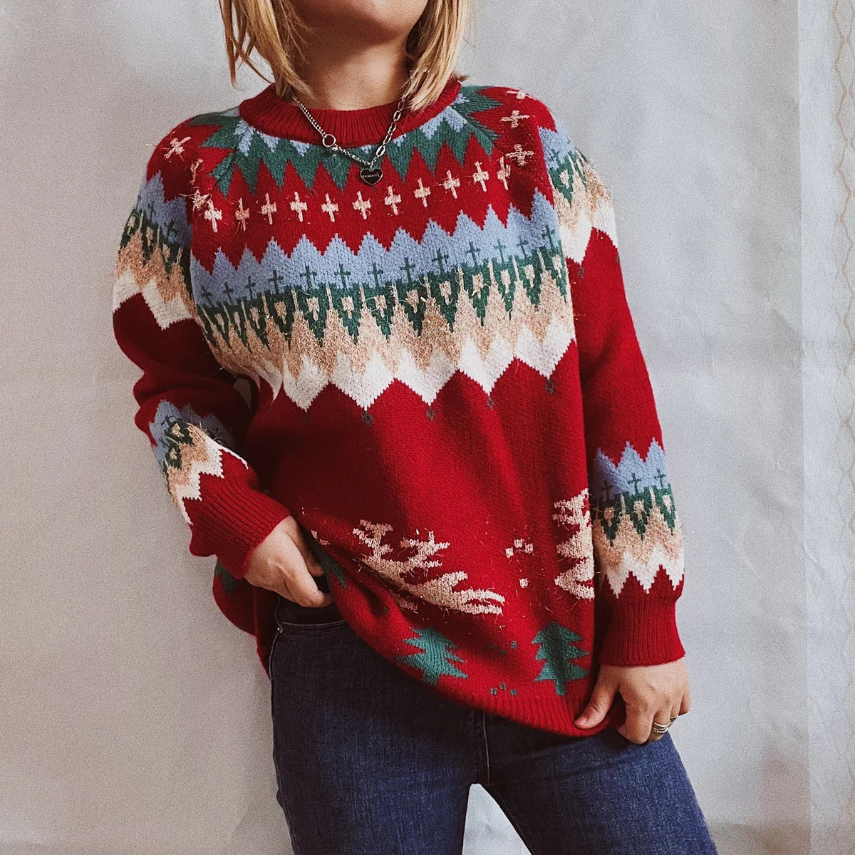 Elk Christmas Tree Gold Pullover Sweater Sweaters-L