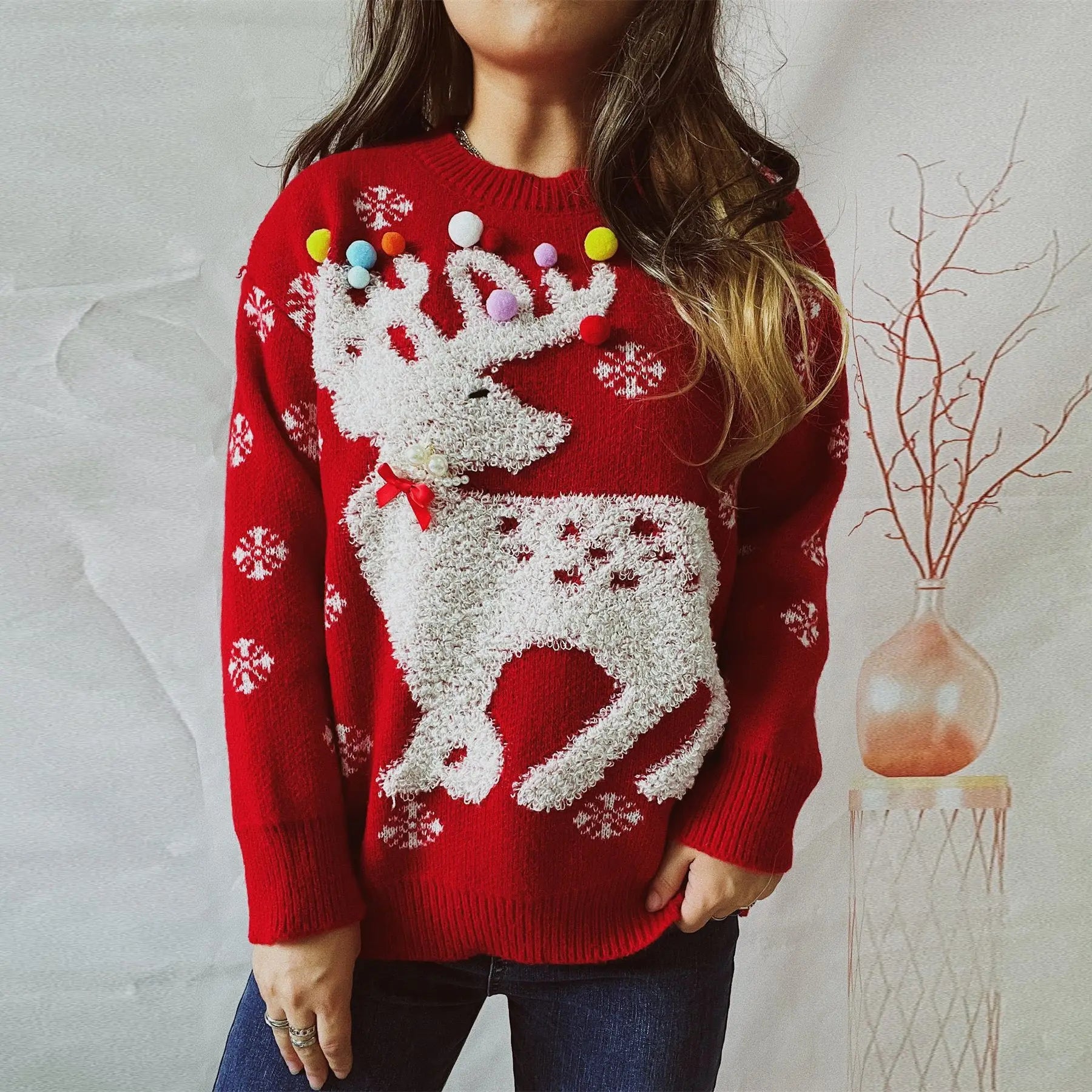 Handmade Pearl Ball Decoration Jacquard Christmas Red Sweater Sweaters-L