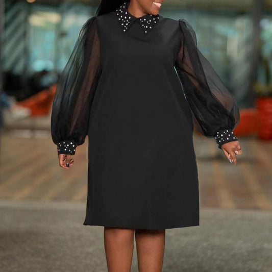FashionSierra - Loose Turn Down Collar Mesh Full Sleeve Straight Knee Length Elegant Business Chic Dress
