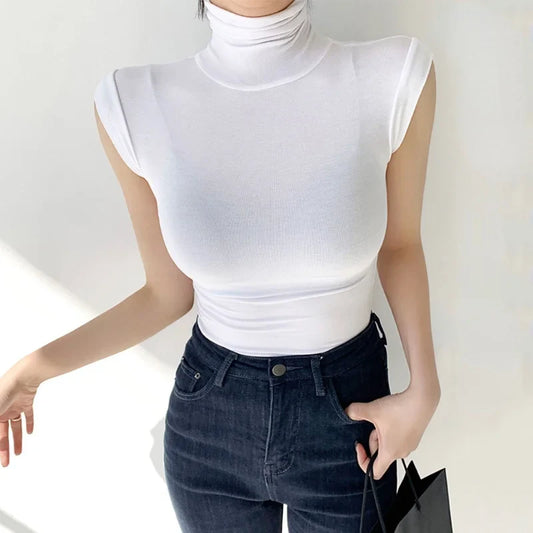 Turtleneck Sleeveless Vest Women Office Lady White Tees Tank Top