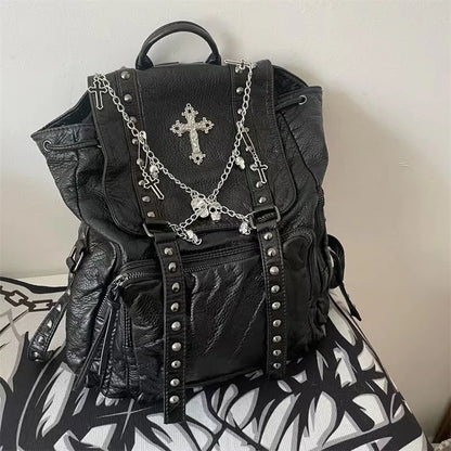 Y2K Girls Soft Leather Punk Skull Cross Chain Korean Style Gothic Backpack Bag