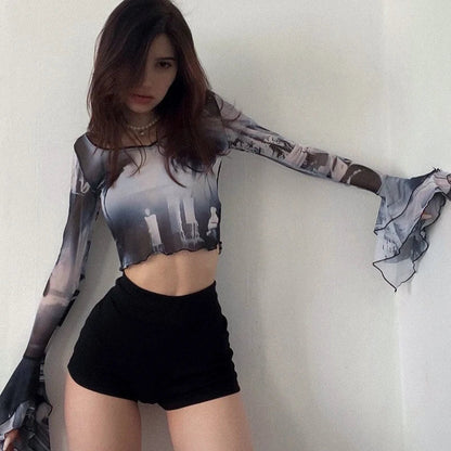 FashionSierra - Oshfall Printed Pullover Flared Sleeve Holiday Streetwear Hot Crop Tops