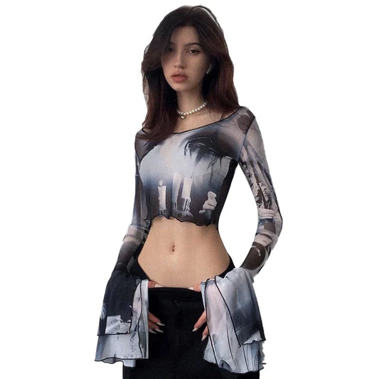 FashionSierra - Oshfall Printed Pullover Flared Sleeve Holiday Streetwear Hot Crop Tops