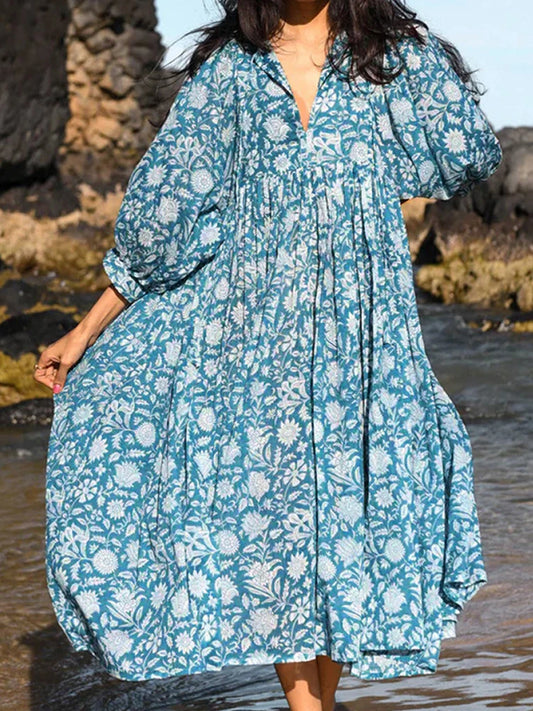 FashionSierra - 2024 Oversized Elegant Floral Printed Fashion Lantern Sleeve Boho Dress