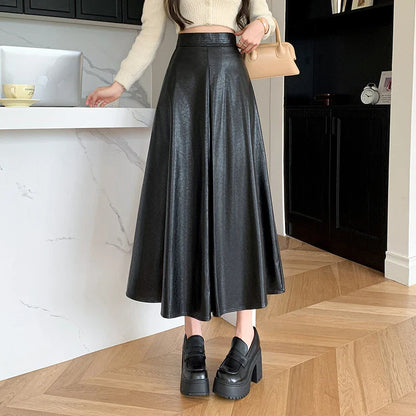 PU Leather Womens Autumn Winter New Fashion High Waist A-line Pleated Long Ladies Vintage Elegant Umbrella Skirt