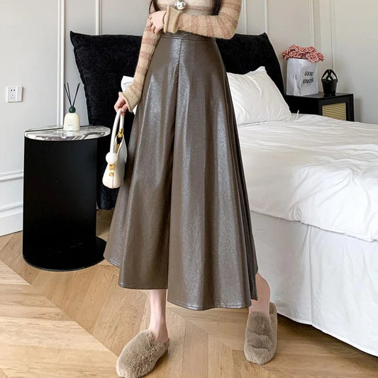 PU Leather Womens Autumn Winter New Fashion High Waist A-line Pleated Long Ladies Vintage Elegant Umbrella Skirt